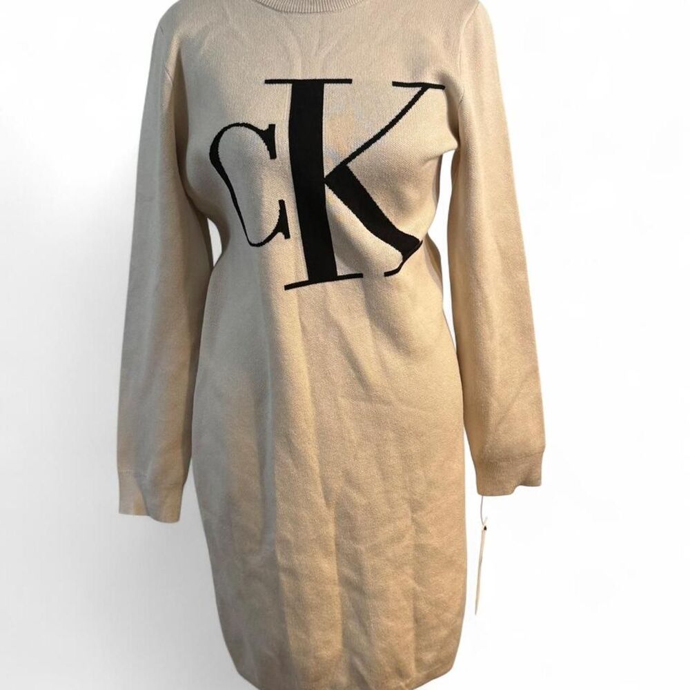 90s Streetwear Logomania Y2K Cream Calvin Klein Knit Sweater Dress